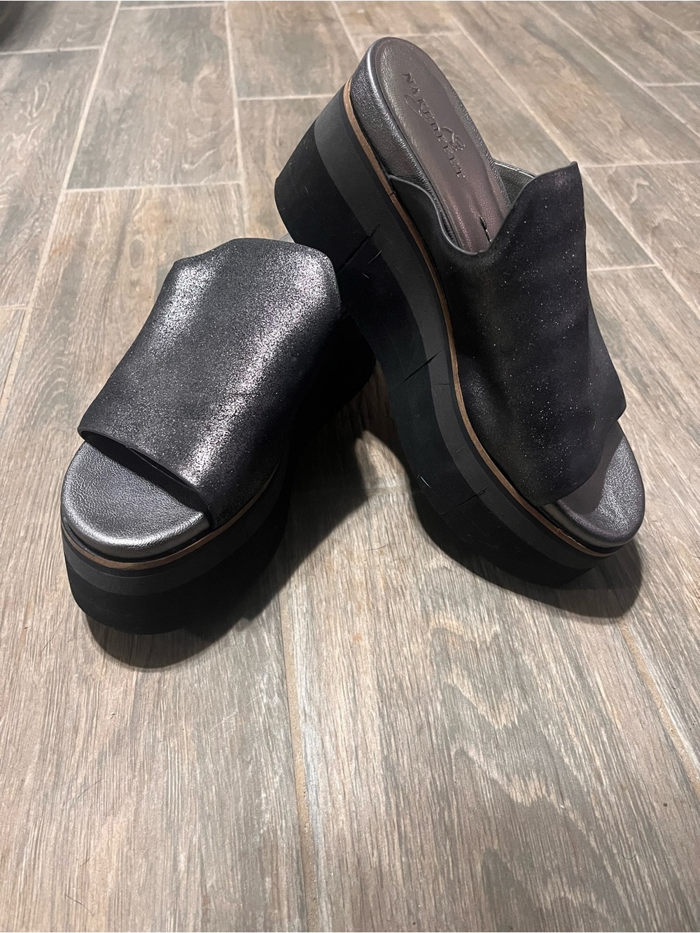 Naked Feet Black Shimmery Platform Slide Sandals